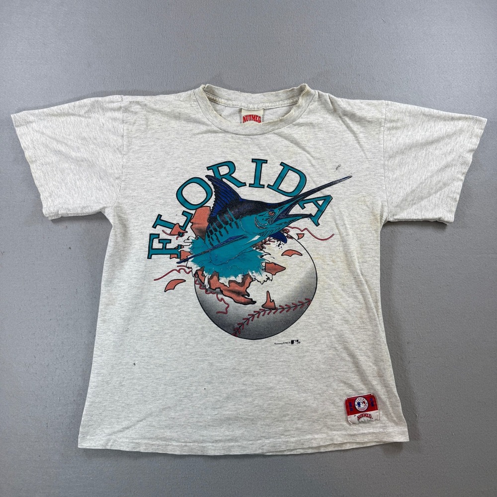 Vintage Florida Marlins T-Shirt Mens Large Gray MLB Baseball Graphic Nutmeg USA